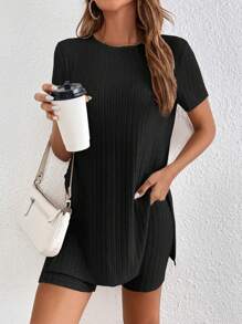 SHEIN Frenchy 條紋針織下擺開叉T恤和短褲 - 黑色 - 查看 1