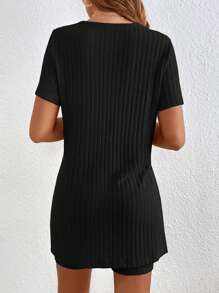 SHEIN Frenchy 條紋針織下擺開叉T恤和短褲 - 黑色 - 查看 2