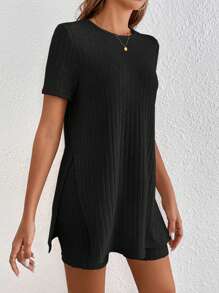 SHEIN Frenchy 條紋針織下擺開叉T恤和短褲 - 黑色 - 查看 5