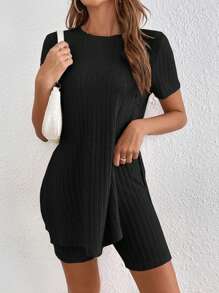 SHEIN Frenchy 條紋針織下擺開叉T恤和短褲 - 黑色 - 查看 6