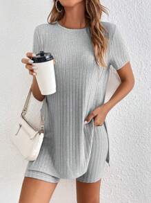 SHEIN Frenchy Bộ đồ hai mảnh nữ Chia Gân đan màu trơn Giải trí - Màu Xám nhạt - Xem 1