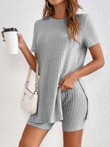 SHEIN Frenchy Bộ đồ hai mảnh nữ Chia Gân đan màu trơn Giải trí - Màu Xám nhạt - Xem 4