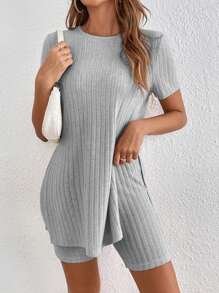 SHEIN Frenchy Bộ đồ hai mảnh nữ Chia Gân đan màu trơn Giải trí - Màu Xám nhạt - Xem 5