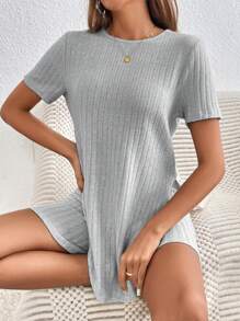 SHEIN Frenchy Bộ đồ hai mảnh nữ Chia Gân đan màu trơn Giải trí - Màu Xám nhạt - Xem 6