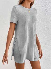 SHEIN Frenchy Bộ đồ hai mảnh nữ Chia Gân đan màu trơn Giải trí - Màu Xám nhạt - Xem 7