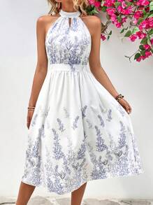 Breezaya 植物圖案鎖眼領連衣裙 - 白色 - 查看 1