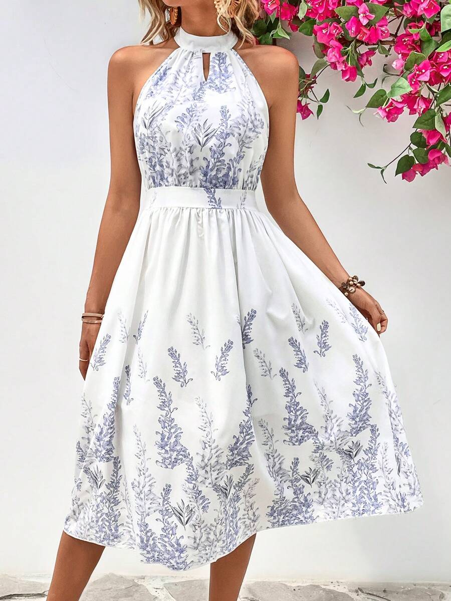 Breezaya 植物圖案鎖眼領連衣裙 - 白色 - 查看 1