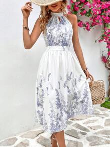 Breezaya 植物圖案鎖眼領連衣裙 - 白色 - 查看 4