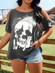 Flirla Plus Skull Print Cold Shoulder Tee - Grey - View 1