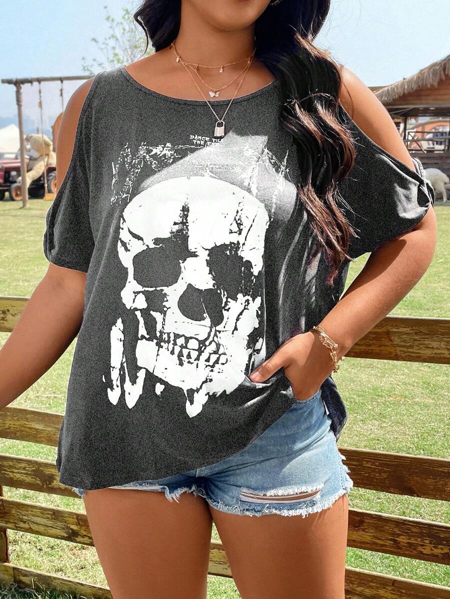 Flirla Plus Skull Print Cold Shoulder Tee - Grey - View 1