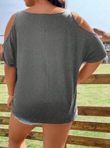 Flirla Plus Skull Print Cold Shoulder Tee - Grey - View 2