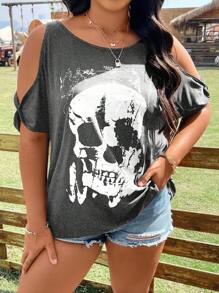 Flirla Plus Skull Print Cold Shoulder Tee - Grey - View 3