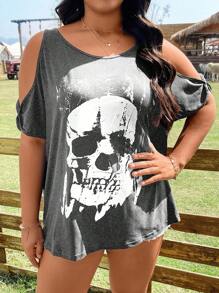 Flirla Plus Skull Print Cold Shoulder Tee - Grey - View 4
