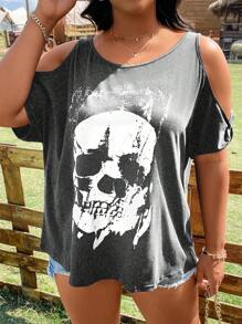 Flirla Plus Skull Print Cold Shoulder Tee - Grey - View 7
