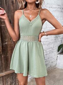 SHEIN VCAY Contrast Guipure Lace Cami Romper - Green - View 6