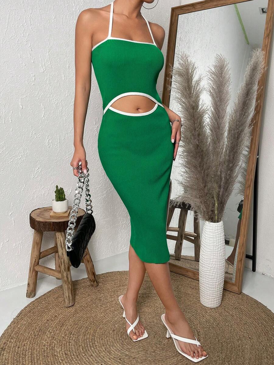 SHEIN Privé Contrast Binding Cut Out Front Halter Neck Backless Sweater Dress - Green - View 1