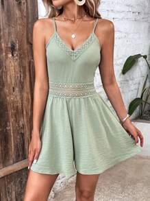 SHEIN VCAY Contrast Guipure Lace Cami Romper - Green - View 5
