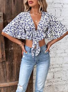 Breezaya 碎花蝴蝶袖前打結短款襯衫 - 白色 - 查看 5