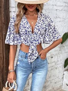 Breezaya 碎花蝴蝶袖前打結短款襯衫 - 白色 - 查看 6