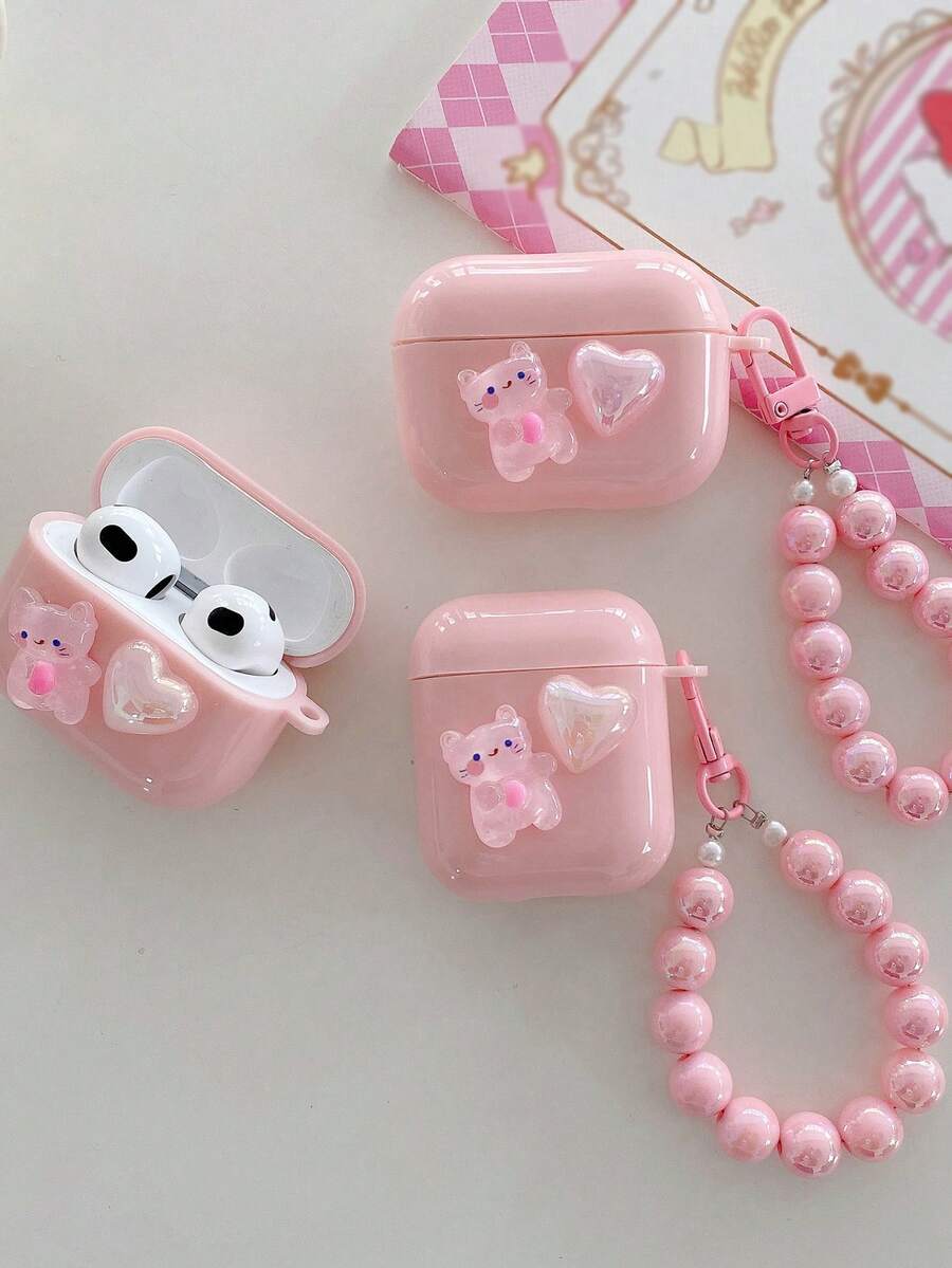 Cat & Heart Decor Case Compatible With AirPods - Pink - View 1