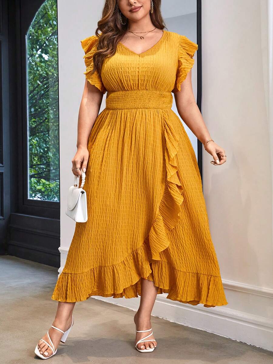 SHEIN Privé Đầm Plus Size Xù Viên lá sen Trọn gói màu trơn Giải trí - Màu Mù tạt vàng - Xem 1