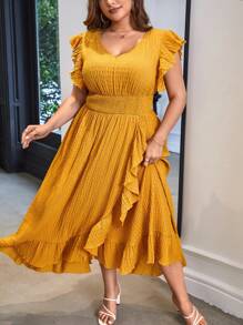 SHEIN Privé Đầm Plus Size Xù Viên lá sen Trọn gói màu trơn Giải trí - Màu Mù tạt vàng - Xem 3