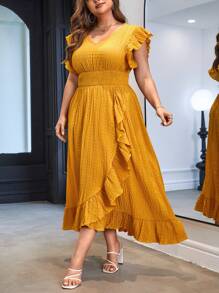 SHEIN Privé Đầm Plus Size Xù Viên lá sen Trọn gói màu trơn Giải trí - Màu Mù tạt vàng - Xem 4