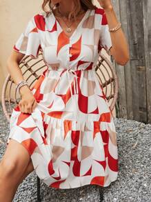SHEIN Clasi Geo Print Knot Front Ruffle Hem Dress - Multicolor - View 5