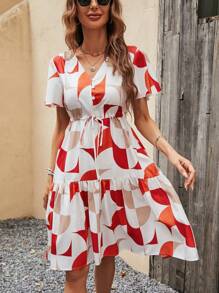 SHEIN Clasi Geo Print Knot Front Ruffle Hem Dress - Multicolor - View 6