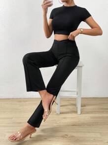 Chiquease Quần ống đứng cạp cao trơn - màu đen - Xem 6