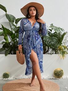 Plus Scarf Print Ruffle Trim Belted Kimono - Navy Blue - View 6