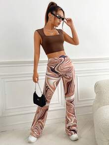 SHEIN EZwear Bộ đồ hai mảnh nữ Đá hoa Giải trí - màu nâu - Xem 5