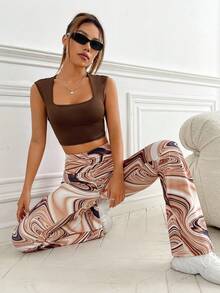 SHEIN EZwear Bộ đồ hai mảnh nữ Đá hoa Giải trí - màu nâu - Xem 3
