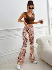 SHEIN EZwear Bộ đồ hai mảnh nữ Đá hoa Giải trí - màu nâu - Xem 6