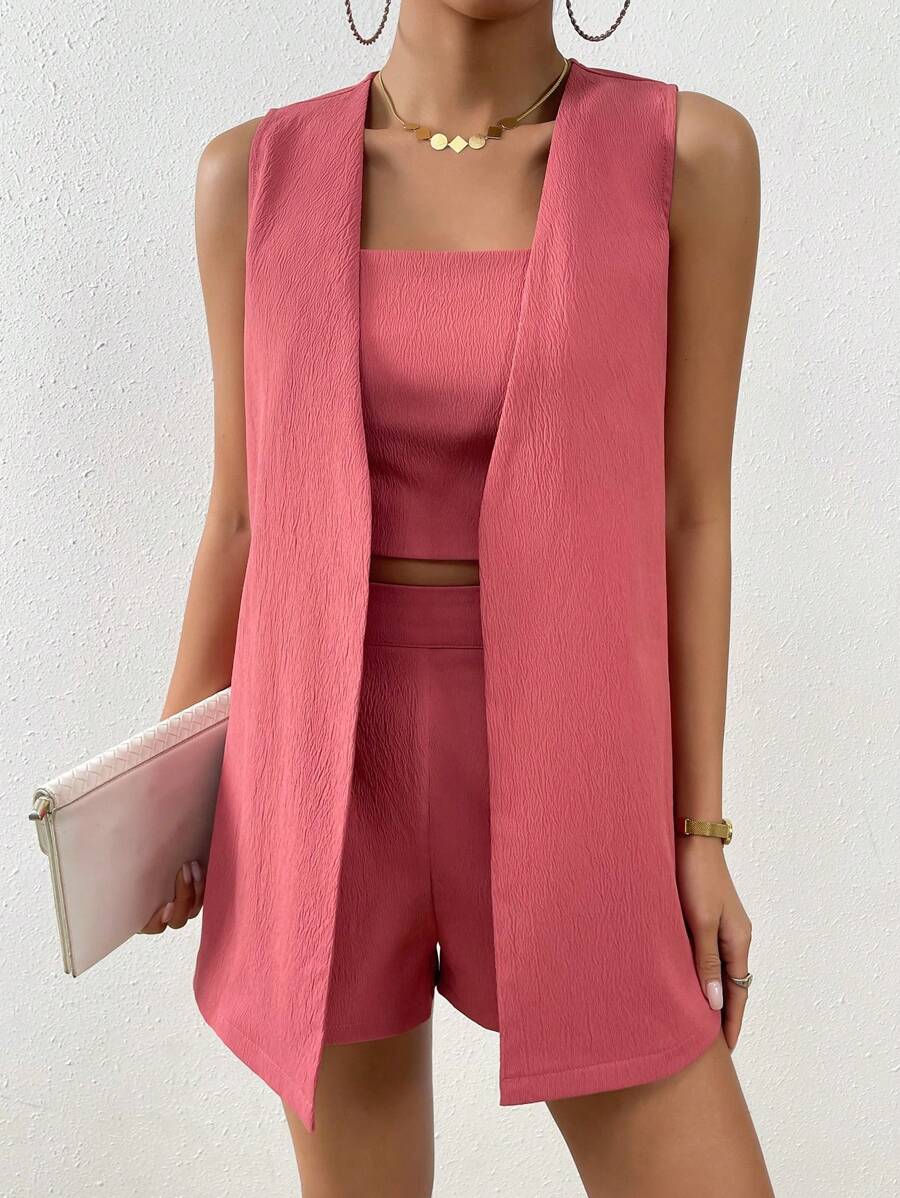 Chiquease 素色吊帶背心和短褲和開門襟馬甲西裝外套 - 西瓜粉 - 查看 1