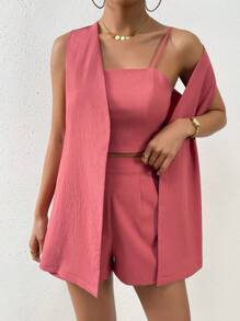 Chiquease 素色吊帶背心和短褲和開門襟馬甲西裝外套 - 西瓜粉 - 查看 5