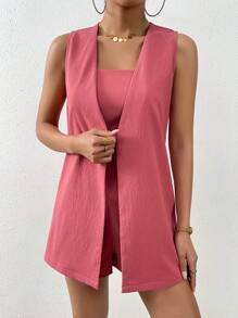Chiquease 素色吊帶背心和短褲和開門襟馬甲西裝外套 - 西瓜粉 - 查看 6