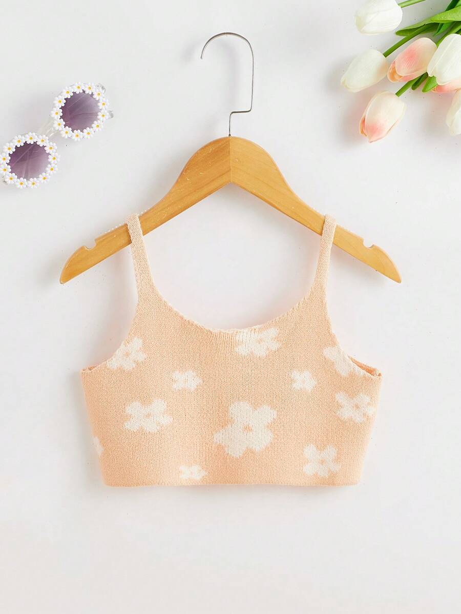 Toddler Girls Floral Pattern Cami Knit Top - Apricot - View 1