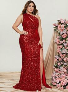 大碼單肩高衩亮片正式連衣裙 - 紅色 - 查看 4