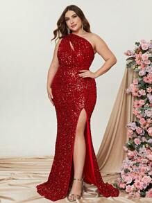 大碼單肩高衩亮片正式連衣裙 - 紅色 - 查看 5