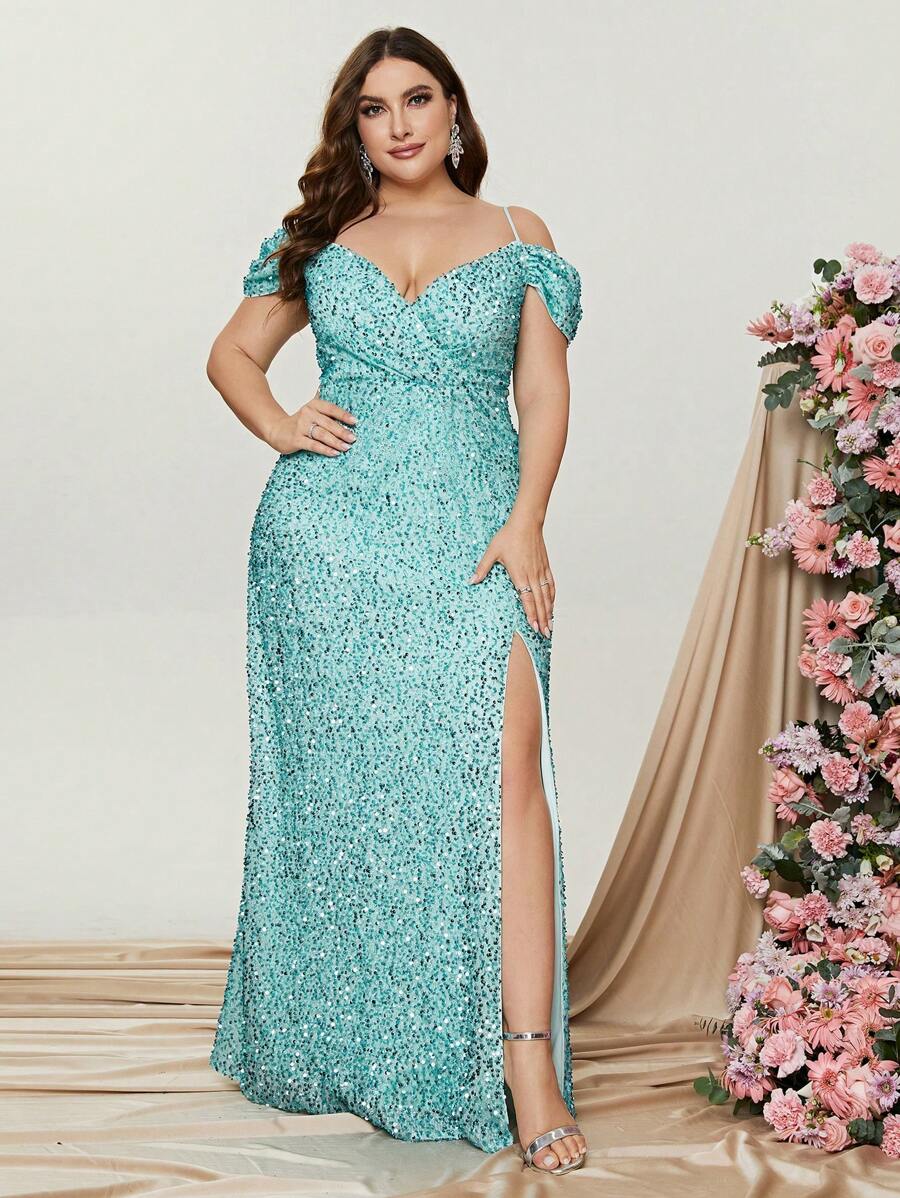 Đầm Plus Size Trọn gói Dây kéo Tách cao màu trơn Buổi tiệc - Màu xanh Bạc hà - Xem 1