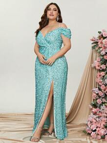 Đầm Plus Size Trọn gói Dây kéo Tách cao màu trơn Buổi tiệc - Màu xanh Bạc hà - Xem 4