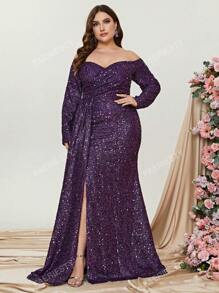 Faeriesty Plus Off Shoulder Draped Side Split Thigh Sequin Formal Dress Elegant Long Sleeve Prom Evening Wedding Guest Gown, For Graduation, Dinner Party Dress