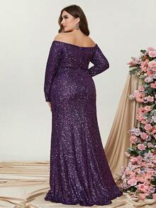 Faeriesty 大碼一字肩側垂高衩亮片正式連衣裙 - 紫羅蘭色 - 查看 2