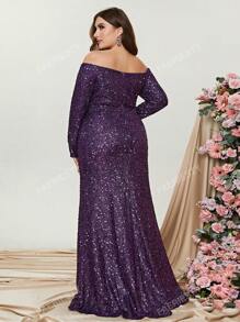 Faeriesty Plus Off Shoulder Draped Side Split Thigh Sequin Formal Dress Elegant Long Sleeve Prom Evening Wedding Guest Gown, For Graduation, Dinner Party Dress