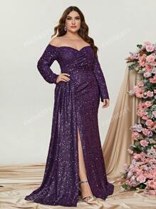 Faeriesty Plus Off Shoulder Draped Side Split Thigh Sequin Formal Dress Elegant Long Sleeve Prom Evening Wedding Guest Gown, For Graduation, Dinner Party Dress