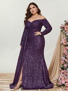 Faeriesty Plus Off Shoulder Draped Side Split Thigh Sequin Formal Dress Elegant Long Sleeve Prom Evening Wedding Guest Gown, For Graduation, Dinner Party Dress