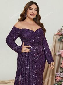 Faeriesty Plus Off Shoulder Draped Side Split Thigh Sequin Formal Dress Elegant Long Sleeve Prom Evening Wedding Guest Gown, For Graduation, Dinner Party Dress