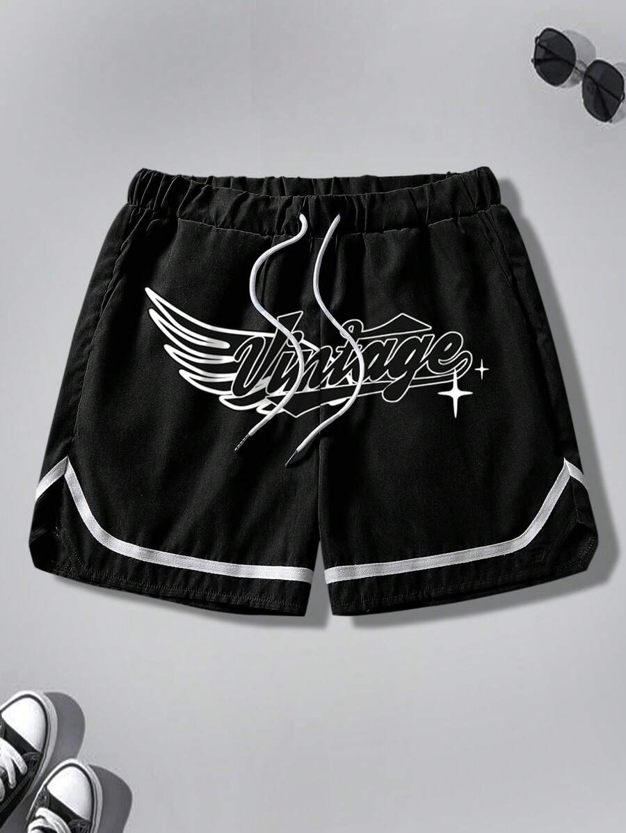 Manfinity Roghcode 宽松男士字母图案抽绳腰短裤 - 黑色 - 查看 1