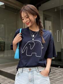 DAZY Cartoon Graphic Drop Shoulder Tee - Navy Blue - View 1
